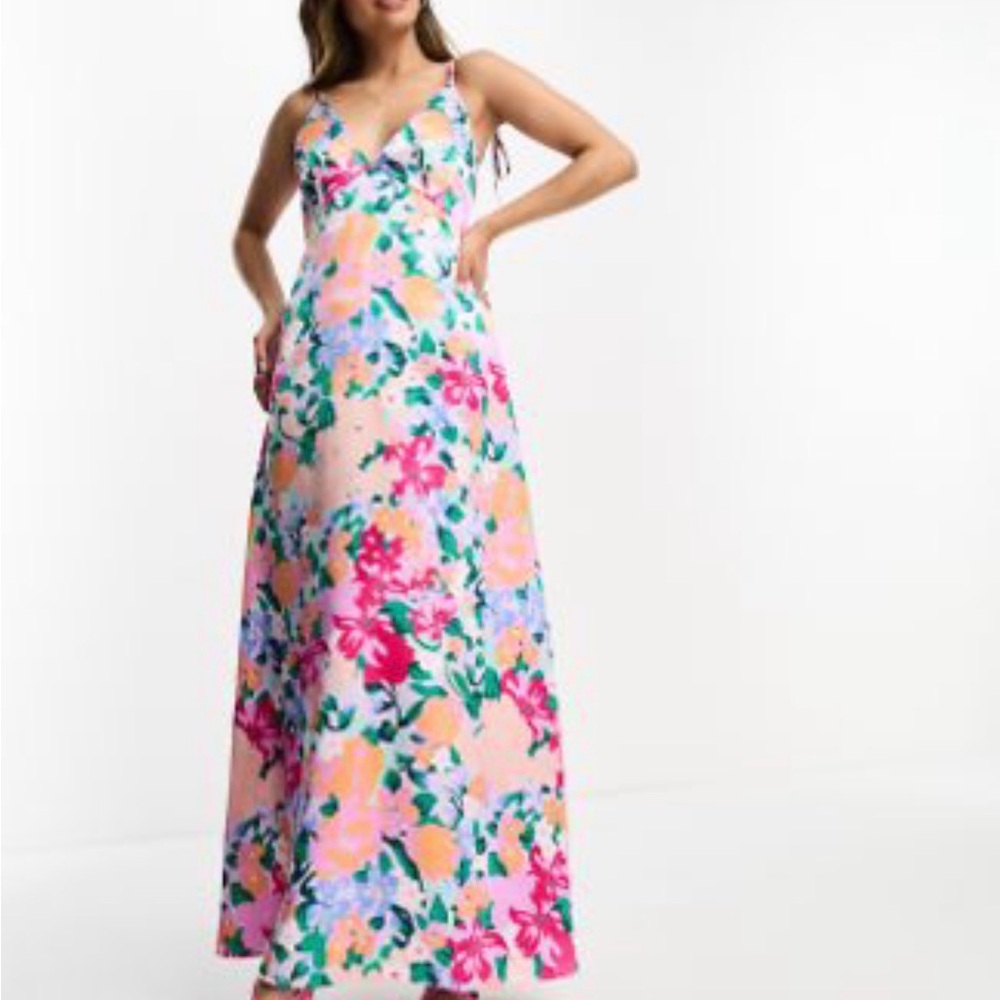 VILA Floral Maxi Dress in Pink and Green